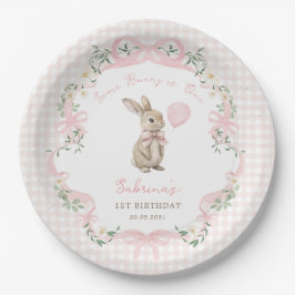 Some Bunny is One: Pink Bow Gingham 1st Birthday Papieren Bordje