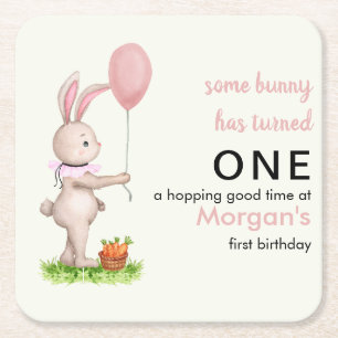 Some Bunny is One Schattige Rabbit Balloon 1st Bir Vierkante Kartonnen Onderzetter