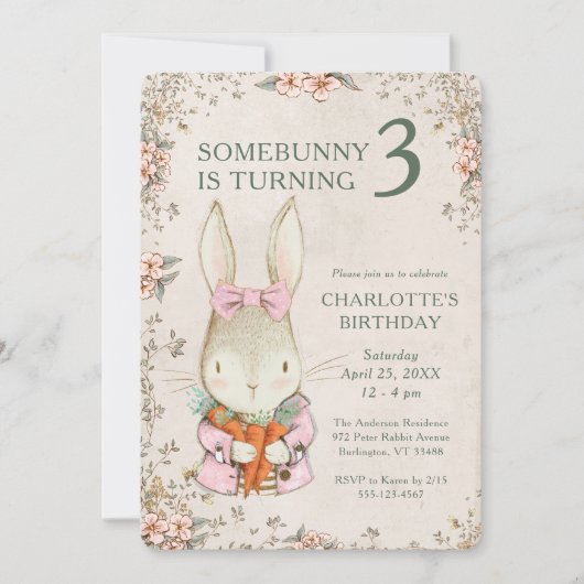 Somebunny is Turning Three 3rd Birthday Invitation (Devant)