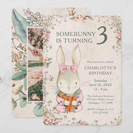 Somebunny is Turning Three 3rd Birthday Invitation Kaart (Voorkant / Achterkant)