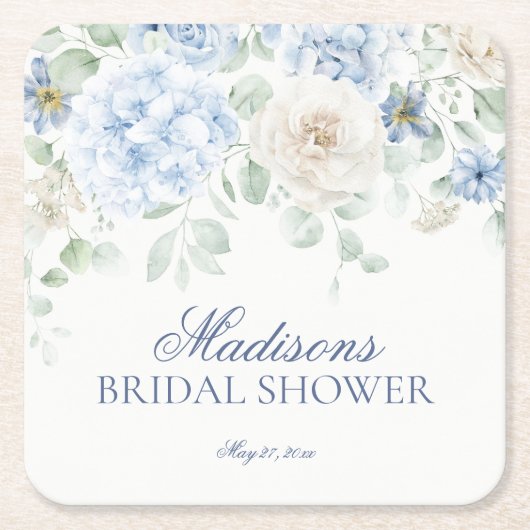 Something Blue Florale Hydrangea Bruiloftsfeest Vierkante Kartonnen Onderzetter (Voorkant)