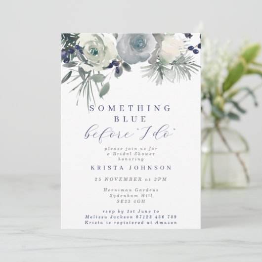 Something Blue Winter Bloemen Bruiloftsfeest Kaart (Staand voorkant)