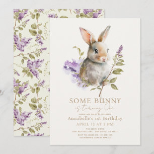 Sommige Bunny Paarse Lila Bloemen 1e Verjaardag Kaart