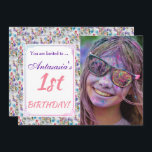 SON 1ER ANNIVERSAIRE INVITATION<br><div class="desc">Invitation pour la première fête d'anniversaire de la petite fille ! .. Excitant pour tout le monde. Aidez-la et sa famille à célébrer ! ... Remplacez la photo par l'une de vos propres et customisez vos détails .. .. Peintures empreintes de pattes colorées, gaies et capricieuses. Airy, insouciant et personnalisable....</div>