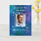 Son Aangepaste foto en naam Master's Degree Kaart (Gele Bloem)