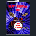 Son Birthday You Rock Drums<br><div class="desc">Une carte d'anniversaire pour un fils. Monte le volume sur les voeux d'anniversaire! Doté d'un ensemble frappant de batterie et de l'expression "Vous faites vibrer l'univers", cette carte est un moyen énergique de célébrer la vie de la fête. Qu’ils soient batteurs ou qu’ils aient juste des ondes rock-star, cette carte...</div>