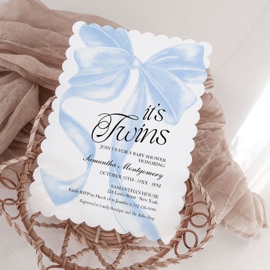 Son invitation Bleue Coquette pour Bébé Jumeaux