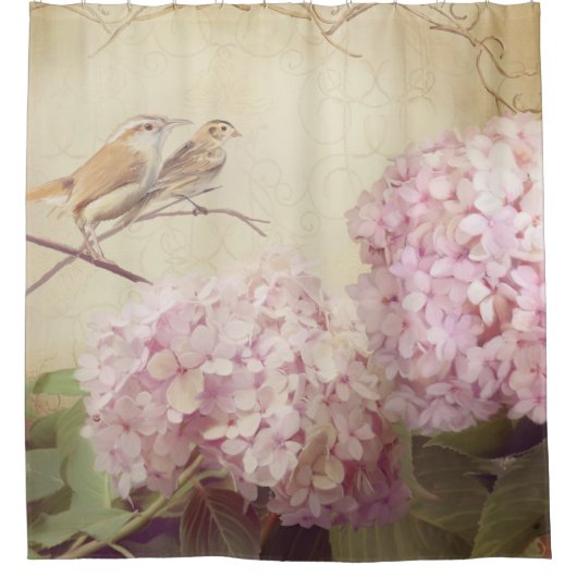 Song Birds Branch Pink Hydrangea Flowers  Douchegordijn (Voorkant)