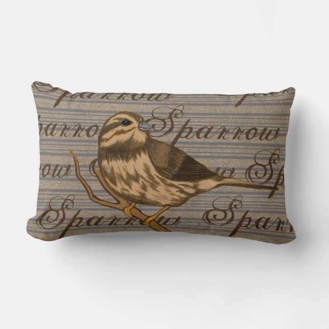 Song Sparrow op Pinstripes en Faux Burlap Kussen (Voorkant)
