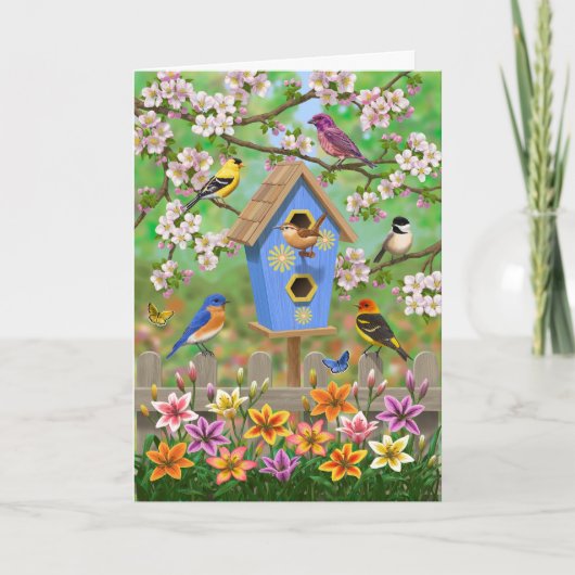Songvogels Lily Garden Birdhouse Kaart (Voorkant)