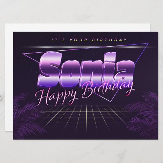 Sonia prénom carte rétro lilas pour anniversaire (Devant / Derrière)