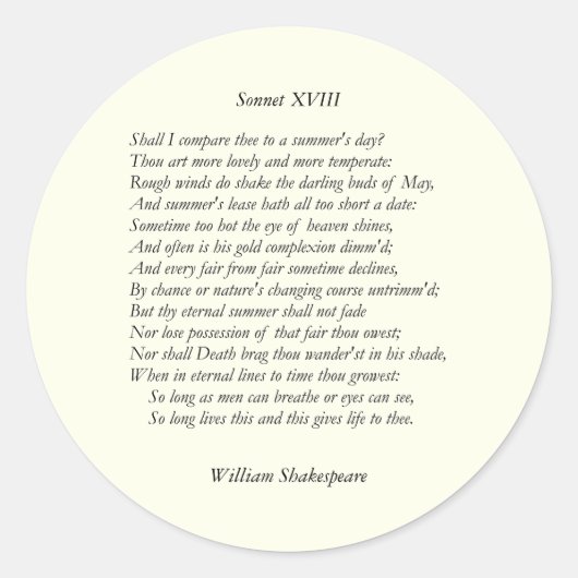 Sonnet # 18 van William Shakespeare Ronde Sticker (Voorkant)