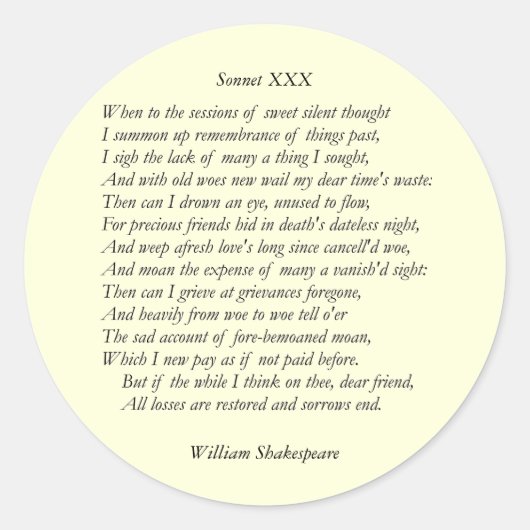 Sonnet # 30 van William Shakespeare Ronde Sticker (Voorkant)