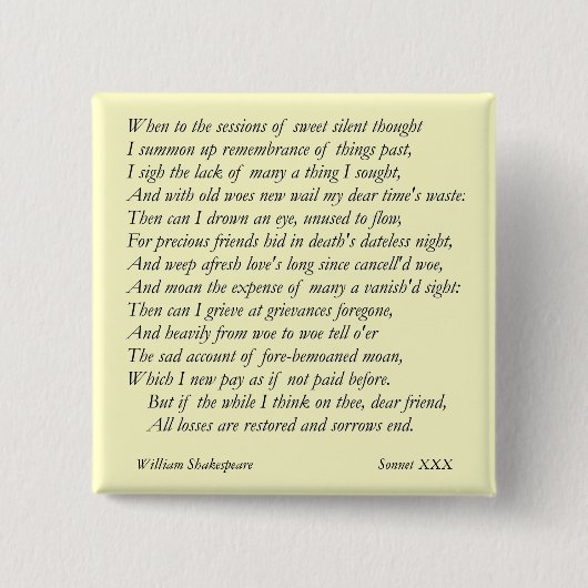 Sonnet # 30 van William Shakespeare Vierkante Button 5,1 Cm (Voorkant)