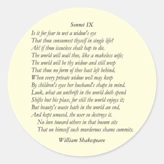 Sonnet # 9 van William Shakespeare Ronde Sticker (Voorkant)