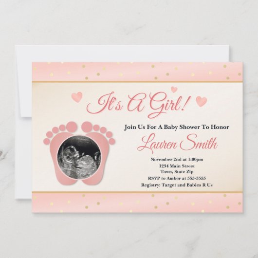 Sonogramme Baby shower Invitation fille, orteils r (Devant)