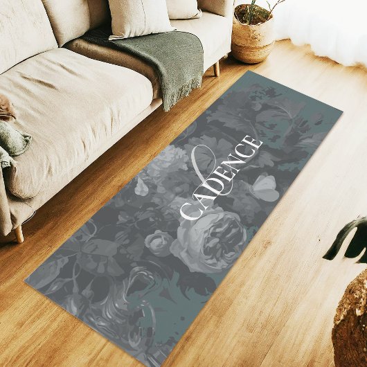 Soothing Slate Green Floral Typography Monogram Yogamat