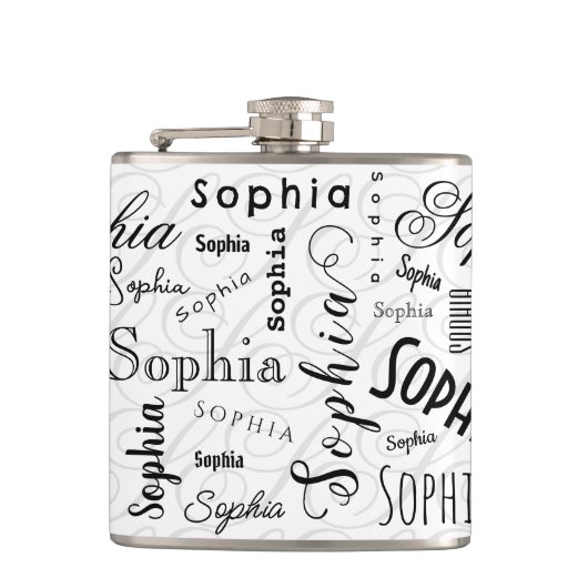 Sophia Aangepaste Naam Patroon Zwart Wit Heupfles (Voorkant)
