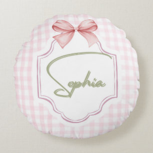 Sophia Gepersonaliseerde Roze Bow & Gingham Print Rond Kussen
