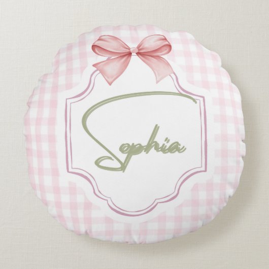 Sophia Gepersonaliseerde Roze Bow & Gingham Print Rond Kussen (Voorkant)