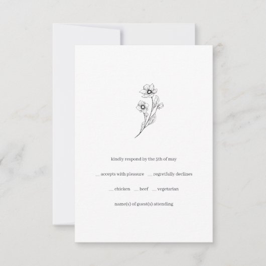 Sophia Minimalist Black White Meal Choice Wedding RSVP Kaartje (Voorkant)