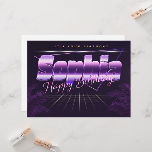 Sophia prénom carte rétro lilas pour anniversaire (Devant/Arrière en situation)