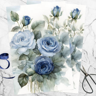 Sophisticated Artistic Waterverf Blauwe Rozen Tissuepapier