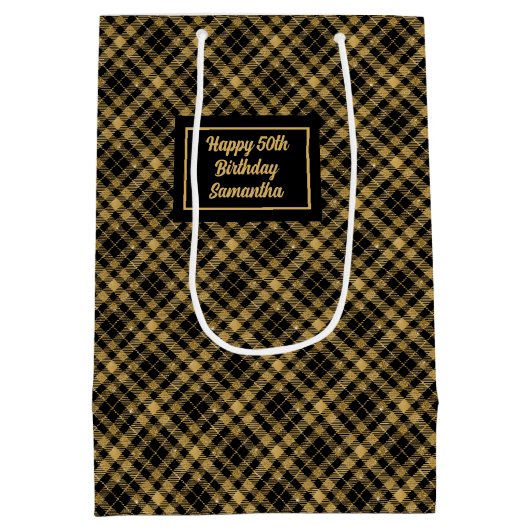 Sophisticated Black Gold Glitter Name Gift Bag Medium Cadeauzakje (Achterkant)