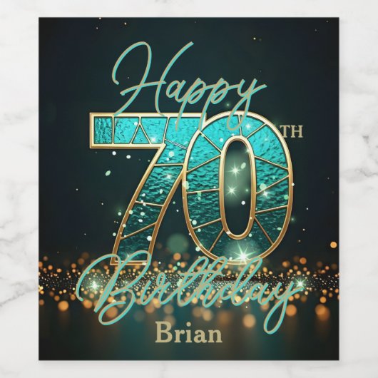 Sophisticated Blauwgroen en Goud Metallic 70e Verj Wijn Etiket (Enkel label)