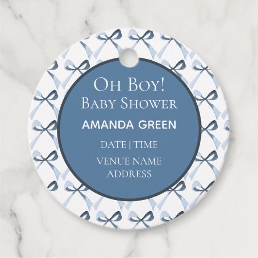 Sophisticated Blue Bow Pattern Boy Baby shower Bedankjes Labels (Voorkant)