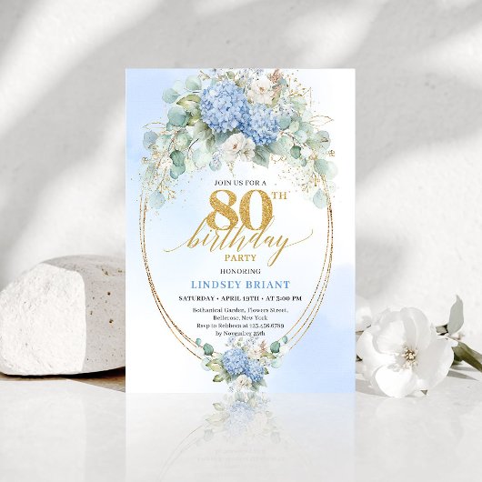 Sophisticated Blue Hydrangea Floral 80th Birthday  Kaart