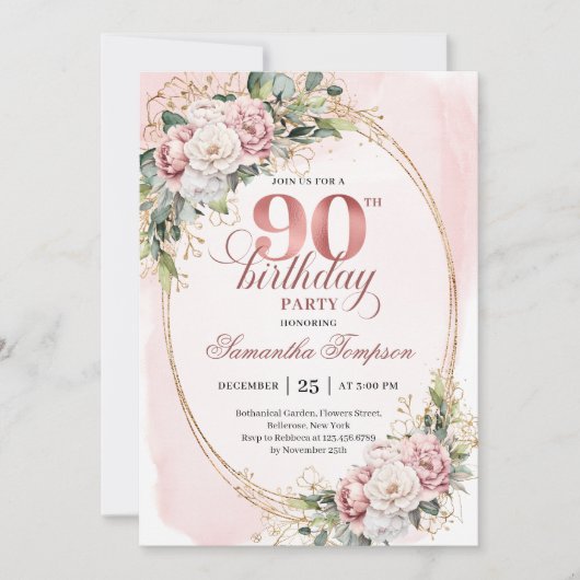 Sophisticated Blush Gold Greenery 90th Birthday  Kaart (Voorkant)