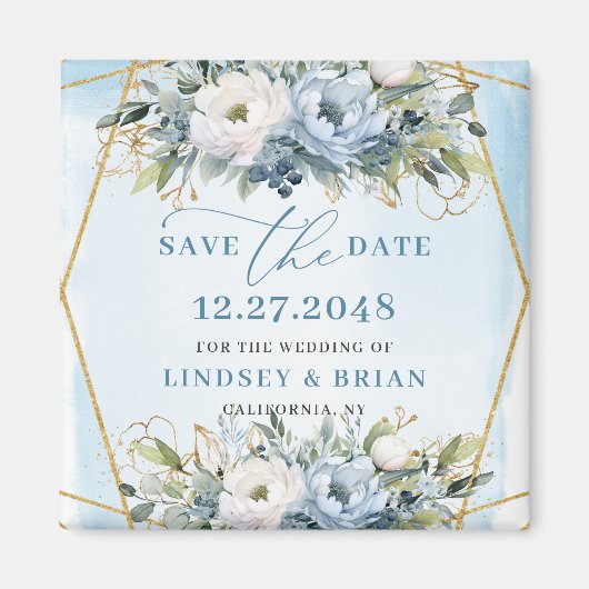 Sophisticated Boho Blue Peonies Gold Save The Date Magneet (Voorkant)