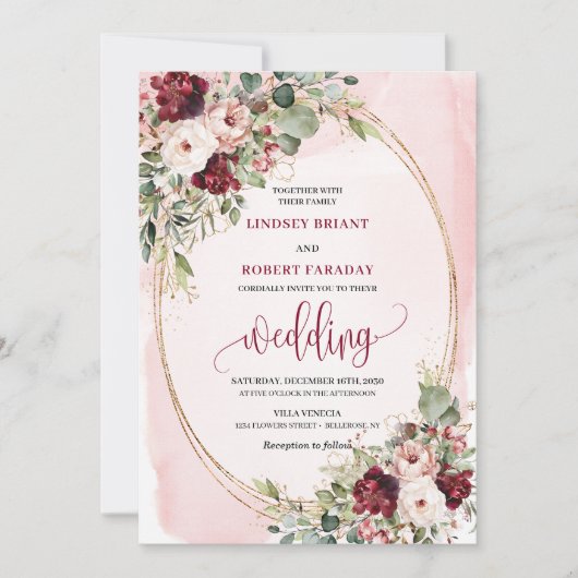 Sophisticated Boho Maroon Blush Gold Floral Invite Kaart (Voorkant)