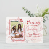 Sophisticated Botanical Red Frame Photo Naming Kaart (Staand voorkant)