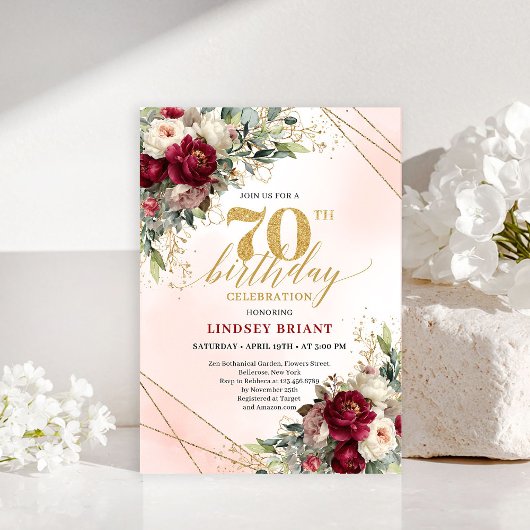 Sophisticated Burgundy Floral Boho 70th Invitation
