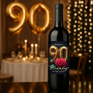 Sophisticated Chic Red Rose Gouden 90e Verjaardag Wijn Etiket