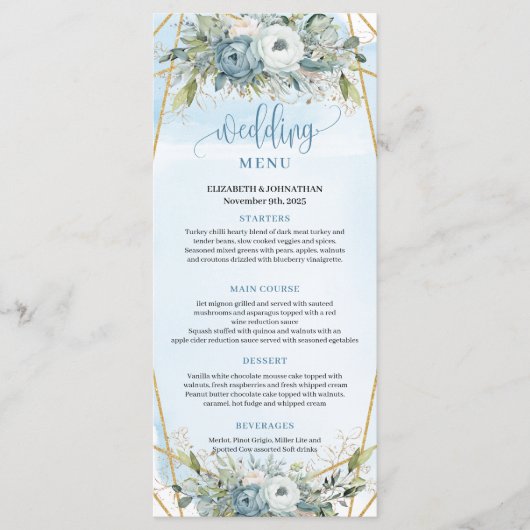Sophisticated Dusty Blue Eucalyptus Wedding Menu (Voorkant)