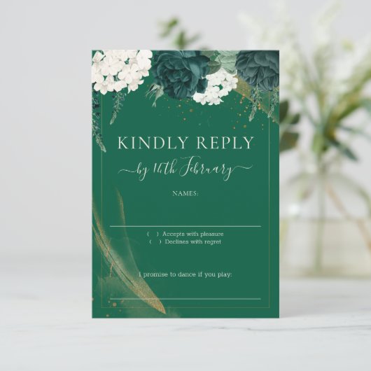 Sophisticated Emerald Roses Bruiloft RSVP Kaartje (Staand voorkant)