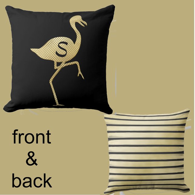 Sophisticated Fun Gold Flamingo Zwart Monogram Kussen (Creator heeft geüpload)