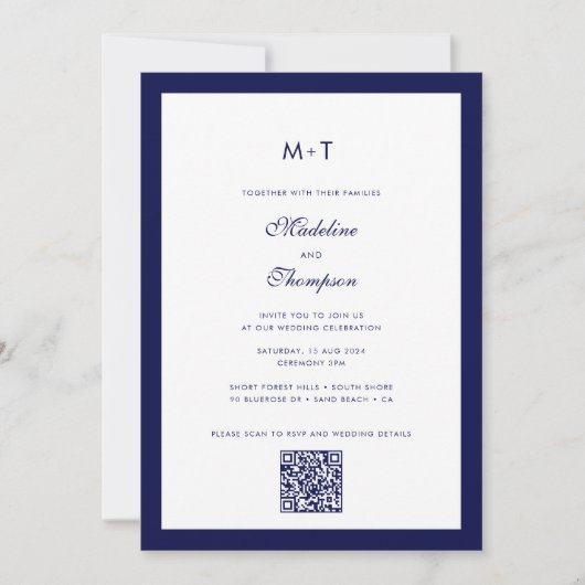 Sophisticated Moderne Marine Blauwe QR Code Huweli Kaart (Voorkant)