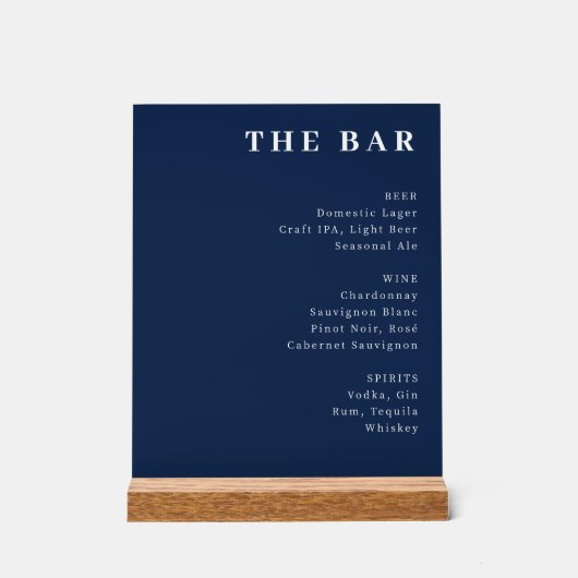 Sophisticated Navy Blue Typographic Bar Menu Acryl Bord (Voorkant)