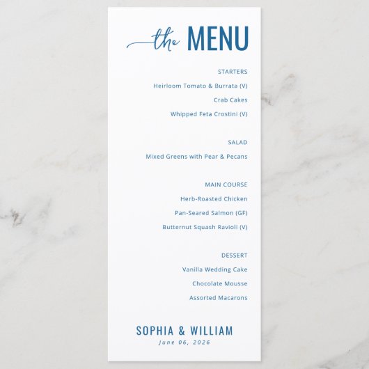 Sophisticated Navy Bruiloftsmenu Menu (Voorkant)