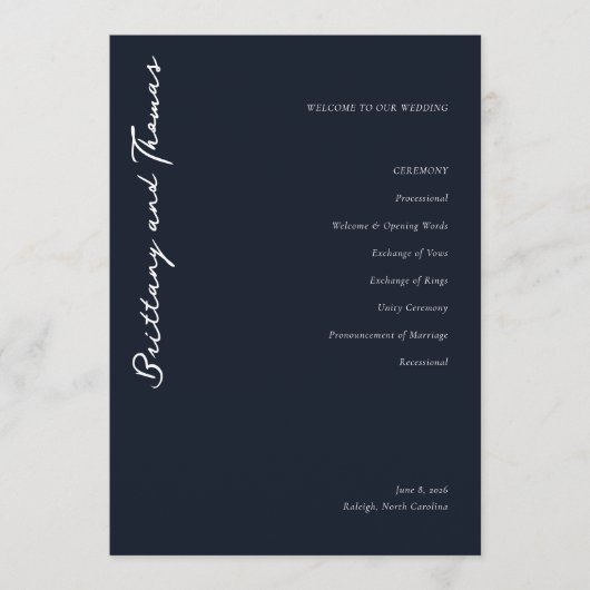 Sophisticated Navy Minimalist Wedding Program Programma (Voorkant)