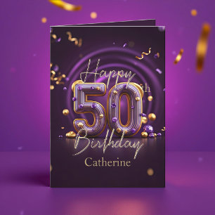 Sophisticated Paarse en gouden 50e verjaardag Kaart