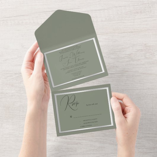 Sophisticated Sage & Zilveren bruiloft All In One Uitnodiging (Afscheurbaar)
