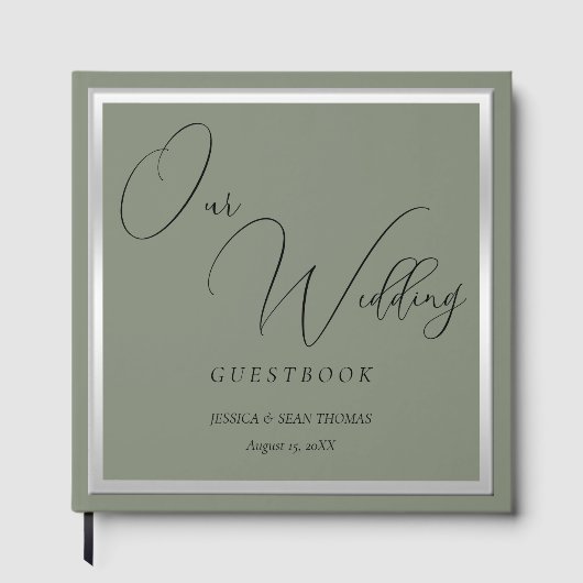 Sophisticated Sage & Zilveren bruiloft Gastenboek (Voorkant)