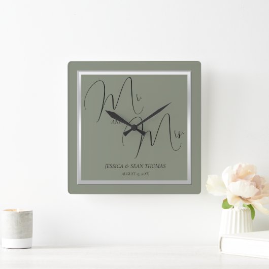 Sophisticated Sage & Zilveren bruiloft Vierkante Klok (Huis)