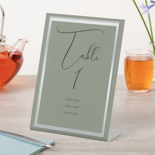 Sophisticated Sage & Zilveren Trouwtafel Nummer Reclamebord Met Voetstuk (Insitu)