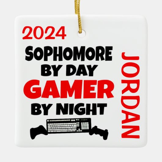 Sophomore speelt graag videogames keramisch ornament (Voorkant)